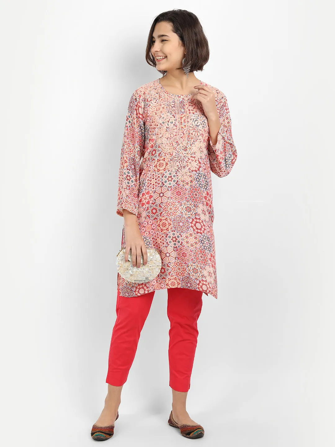 Chikankari Hand embroidery tunic in polyslik-Multicolor