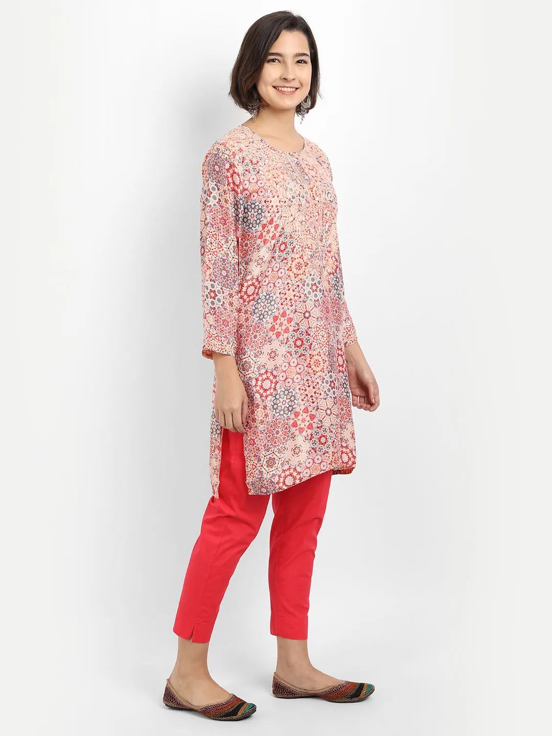 Chikankari Hand embroidery tunic in polyslik-Multicolor