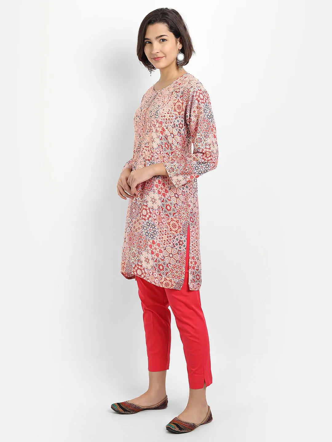 Chikankari Hand embroidery tunic in polyslik-Multicolor