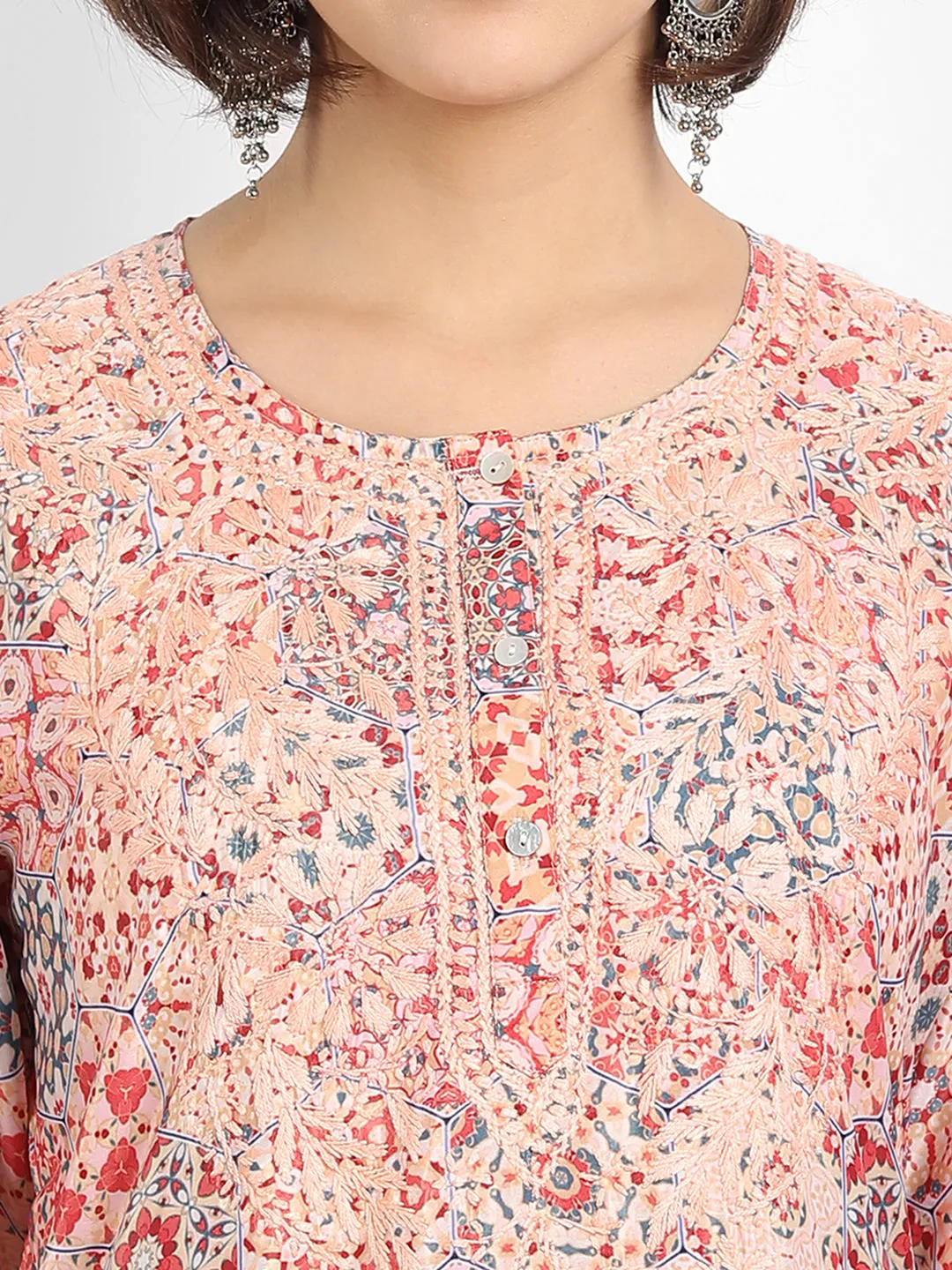 Chikankari Hand embroidery tunic in polyslik-Multicolor