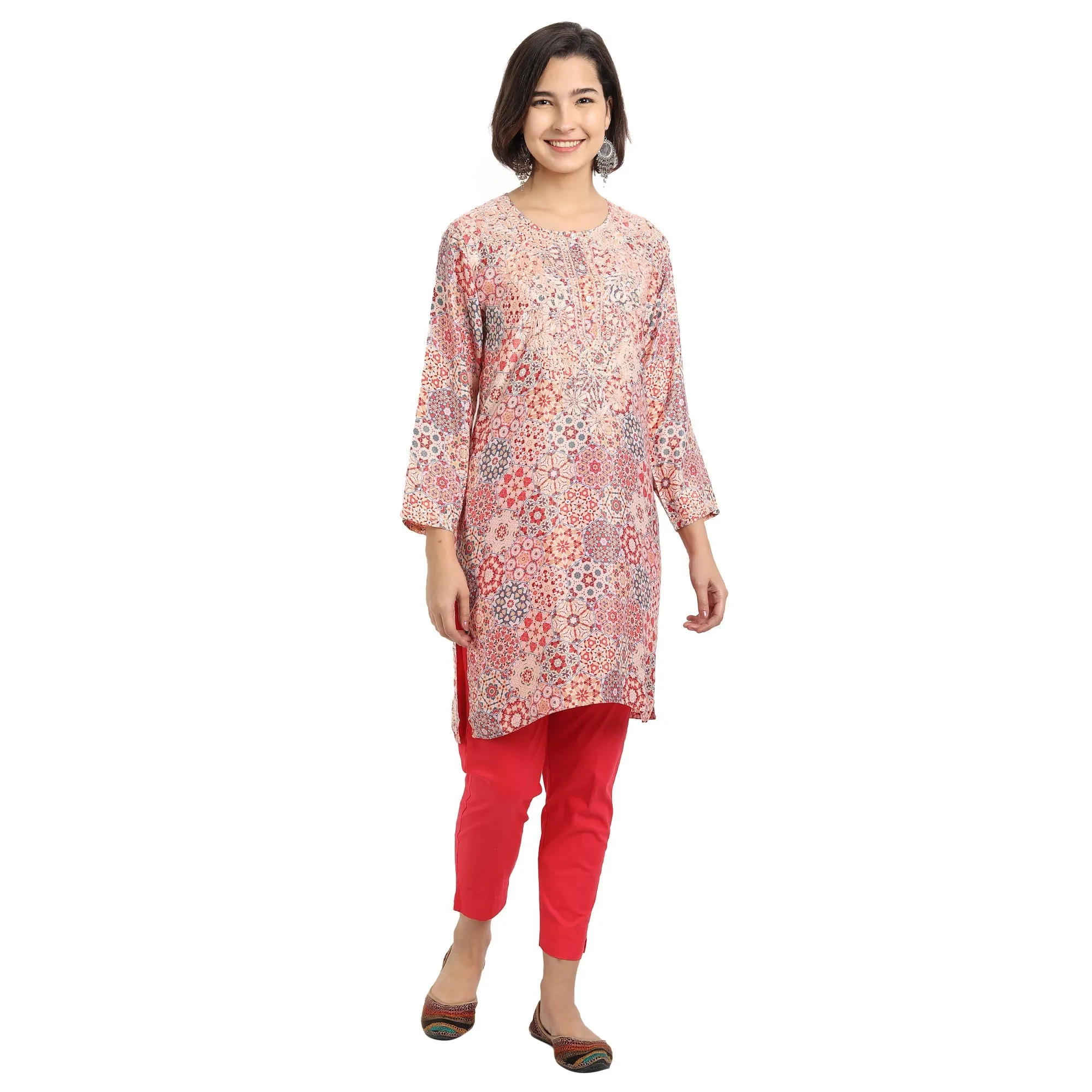 Chikankari Hand embroidery tunic in polyslik-Multicolor