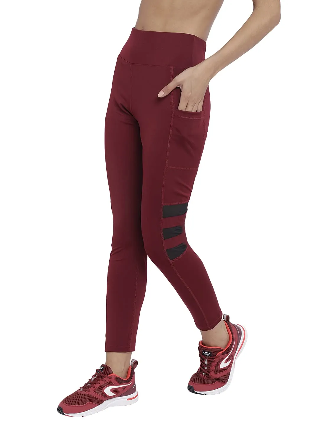 CHKOKKO Women Yoga Track Pants Stretchable Sports Tights Solid Maroon Size M