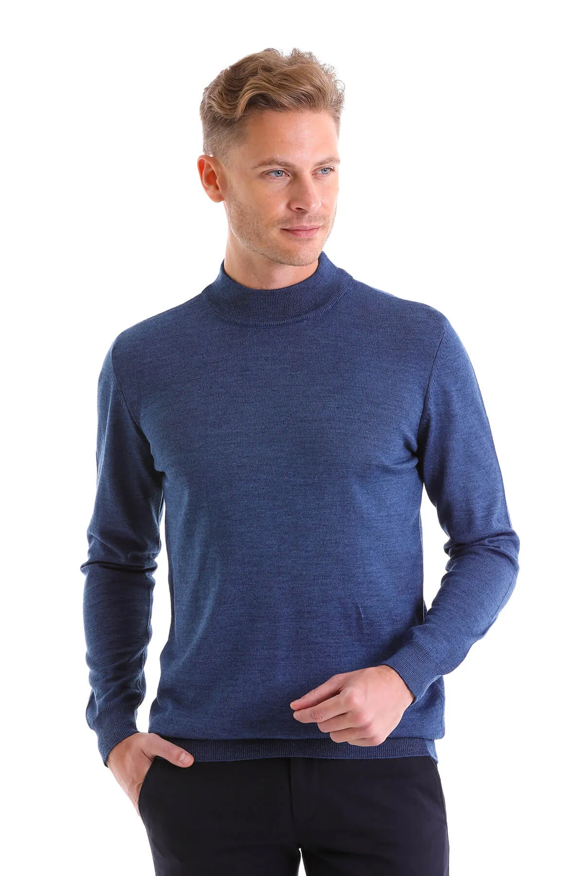 Comfort Fit Wool Blend Blue Mel Mock Neck Sweater