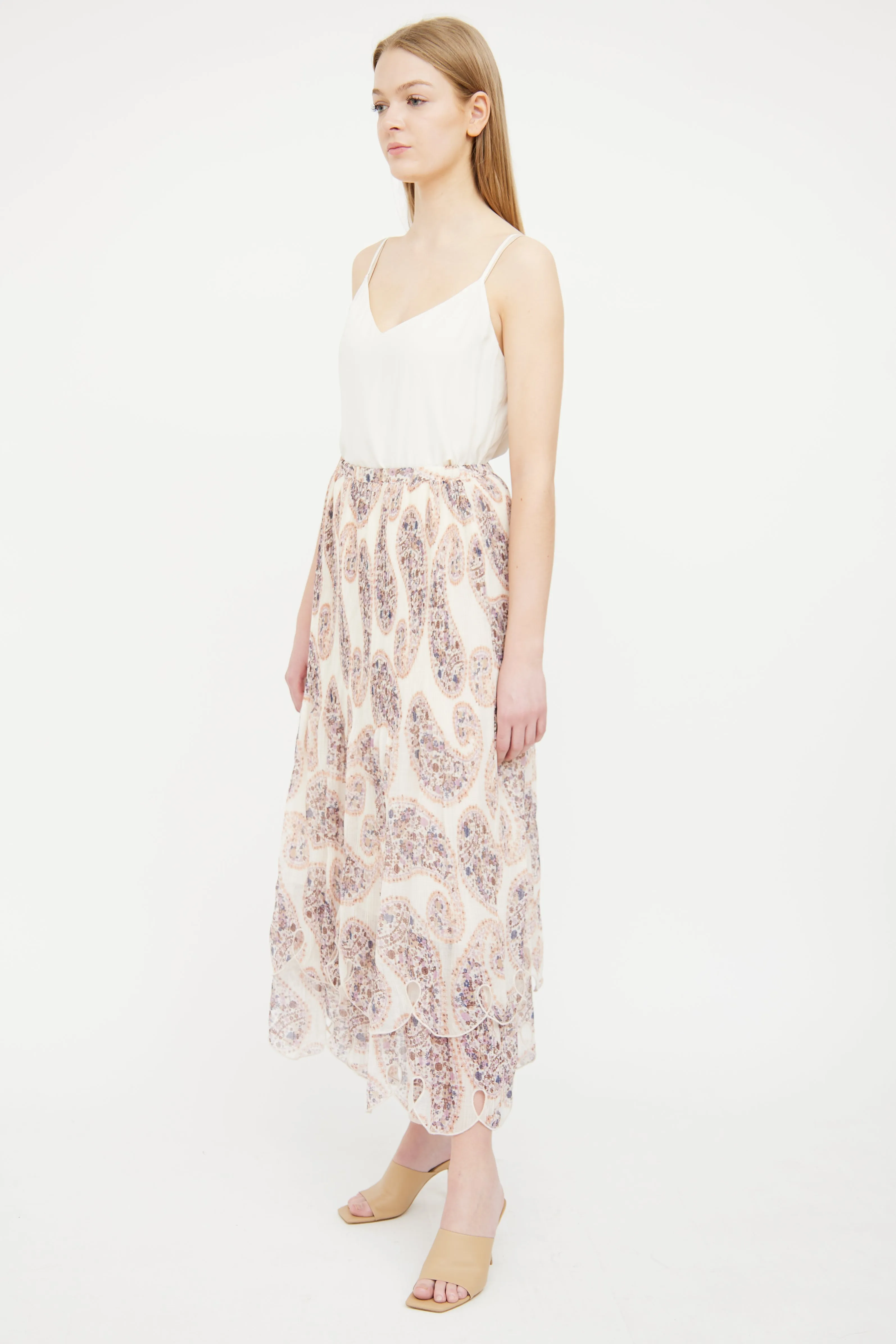 Cream Paisley Pleat Maxi Skirt