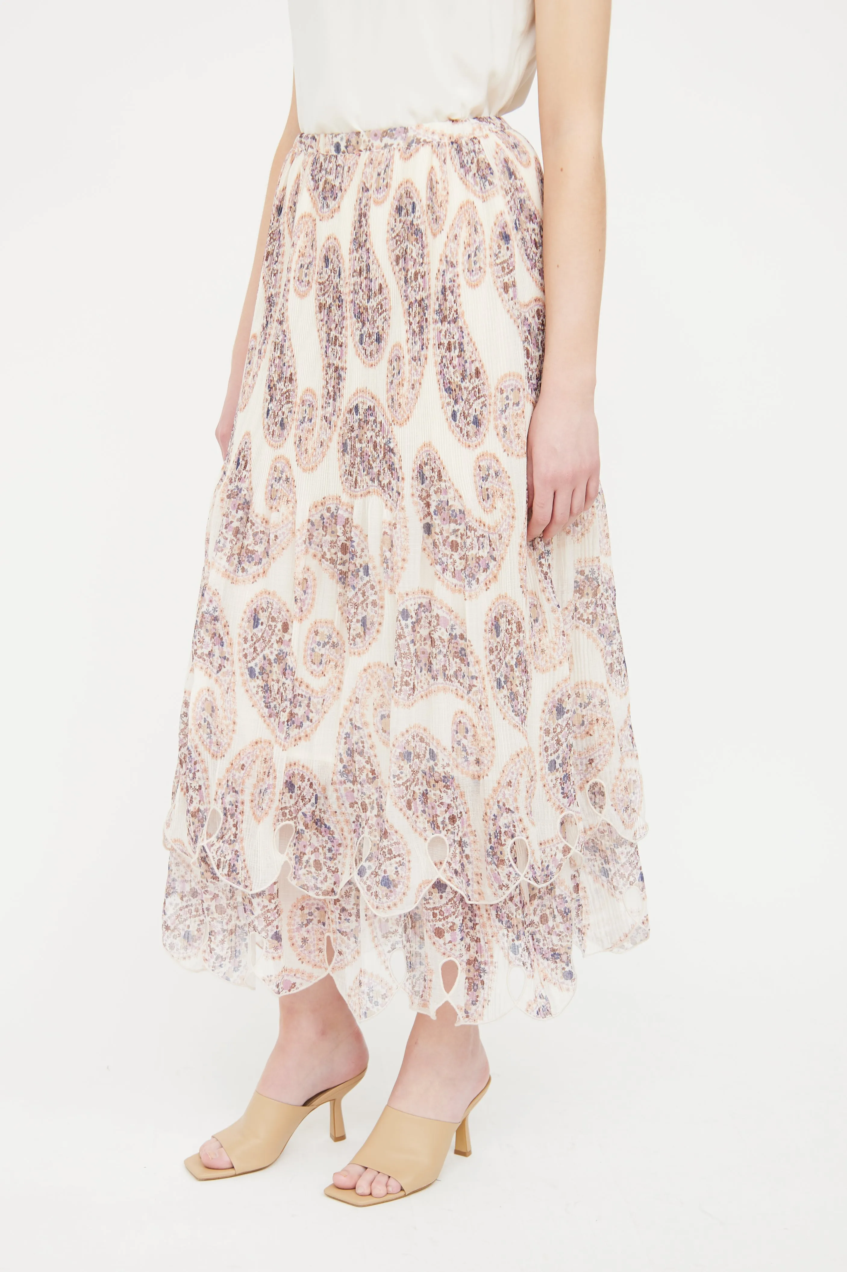 Cream Paisley Pleat Maxi Skirt