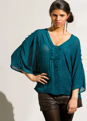 Dana - Silk swiss dot tunic top, pleated front detail