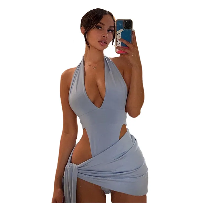 Deep V-neck Bodysuit & Skirt Swimwear Set