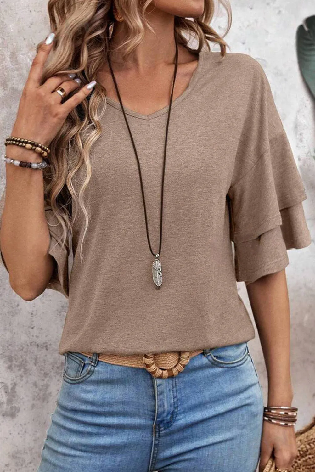 Dune Solid Color V-Neck Double Layer Sleeve Loose T-Shirt – Effortless Style with a Touch of Drama