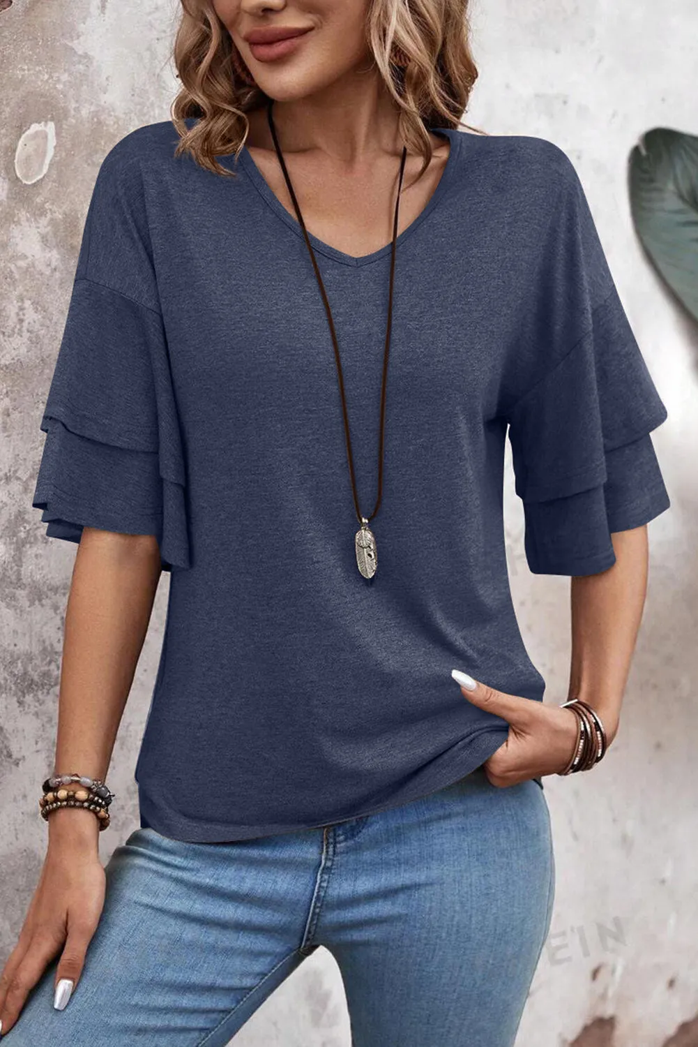 Dune Solid Color V-Neck Double Layer Sleeve Loose T-Shirt – Effortless Style with a Touch of Drama