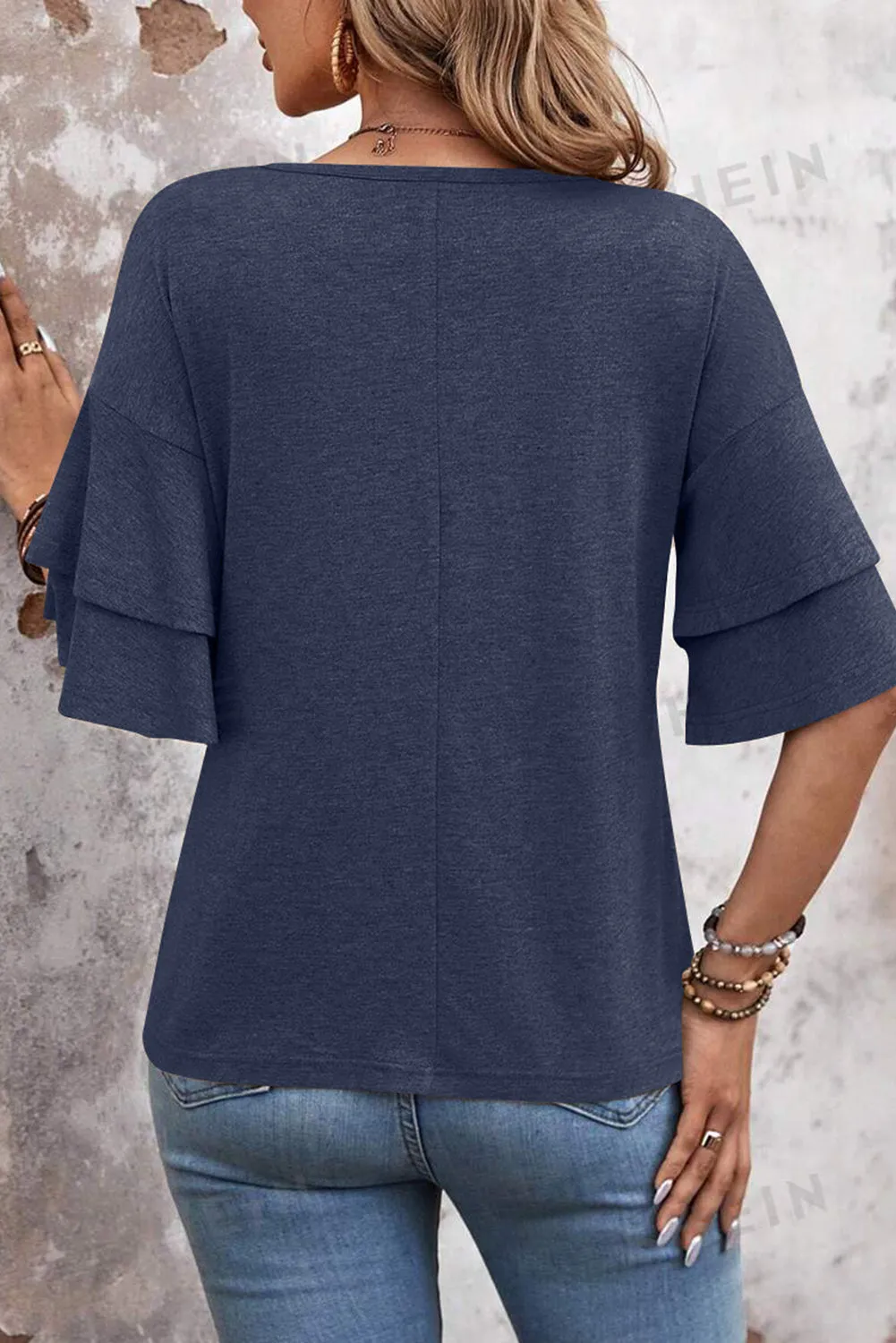 Dune Solid Color V-Neck Double Layer Sleeve Loose T-Shirt – Effortless Style with a Touch of Drama