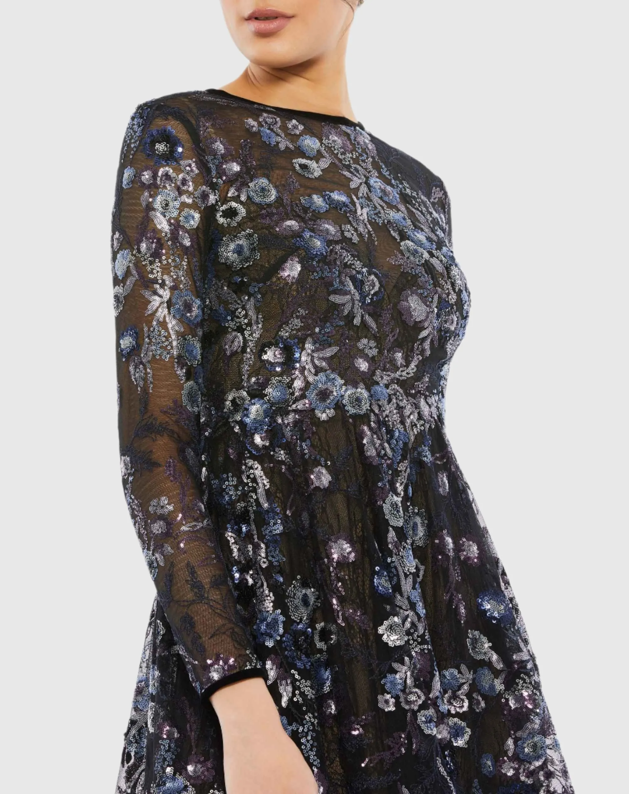 Embellished Illusion Long Sleeve Midi Dress - Final Sale