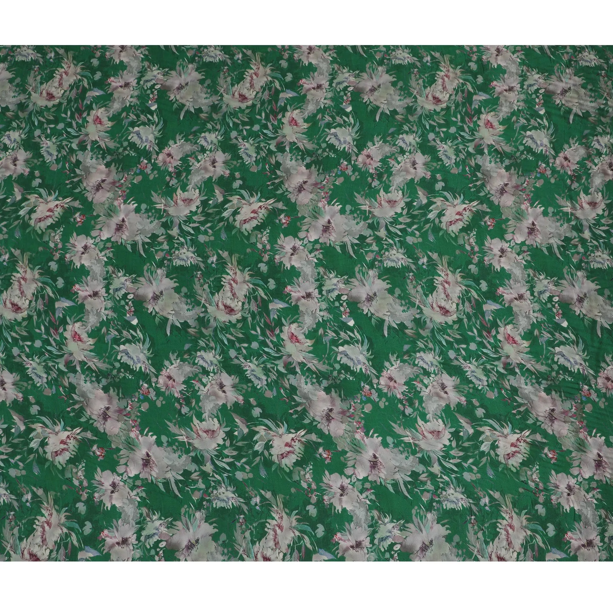 Emerald Flora Viscose Crepe Fabric - Lush Floral Print on Green, 110cm Width (India)  - D17653