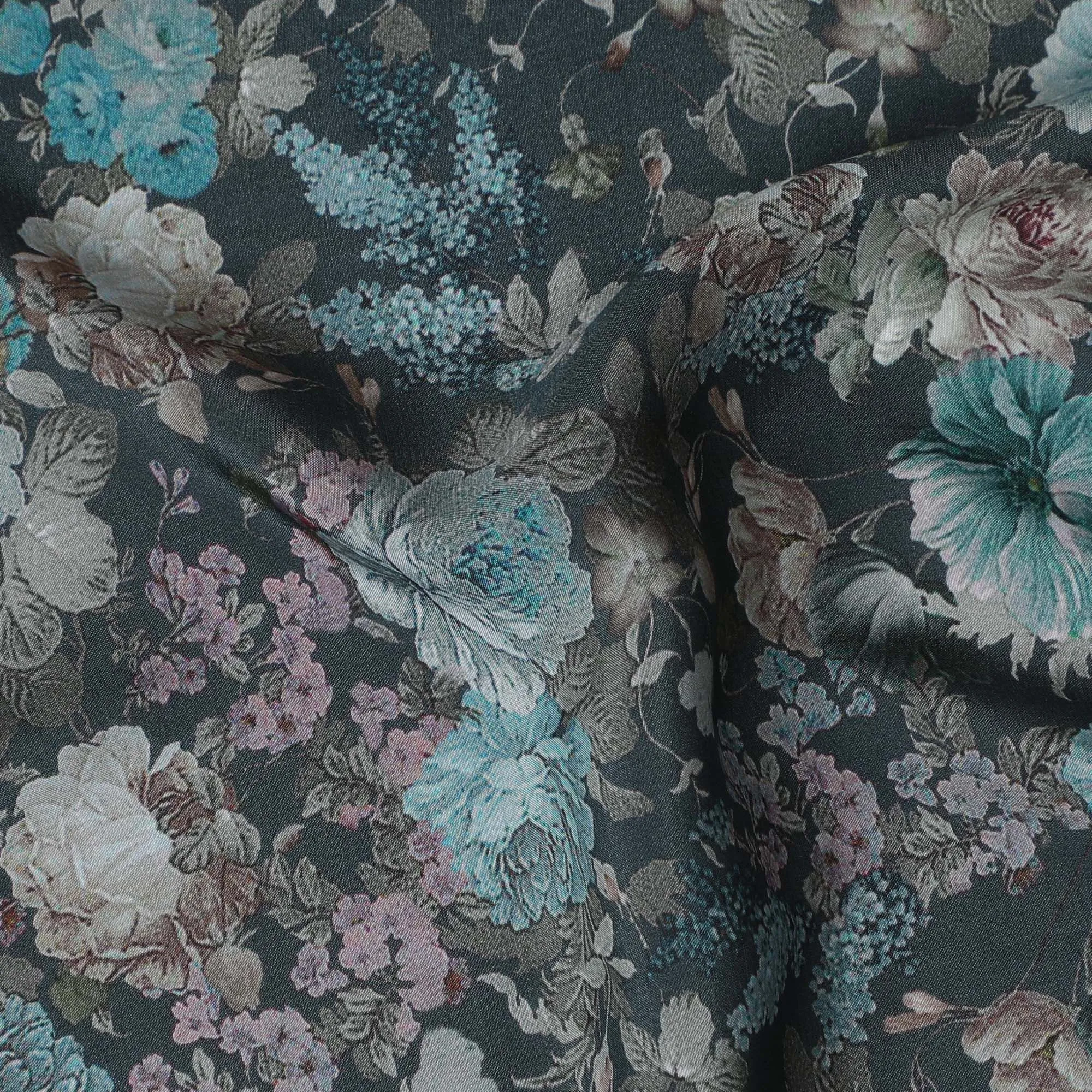 Enchanted Garden Viscose Crepe Fabric - Mystical Floral Essence, 110cm Width (India)  - D17652