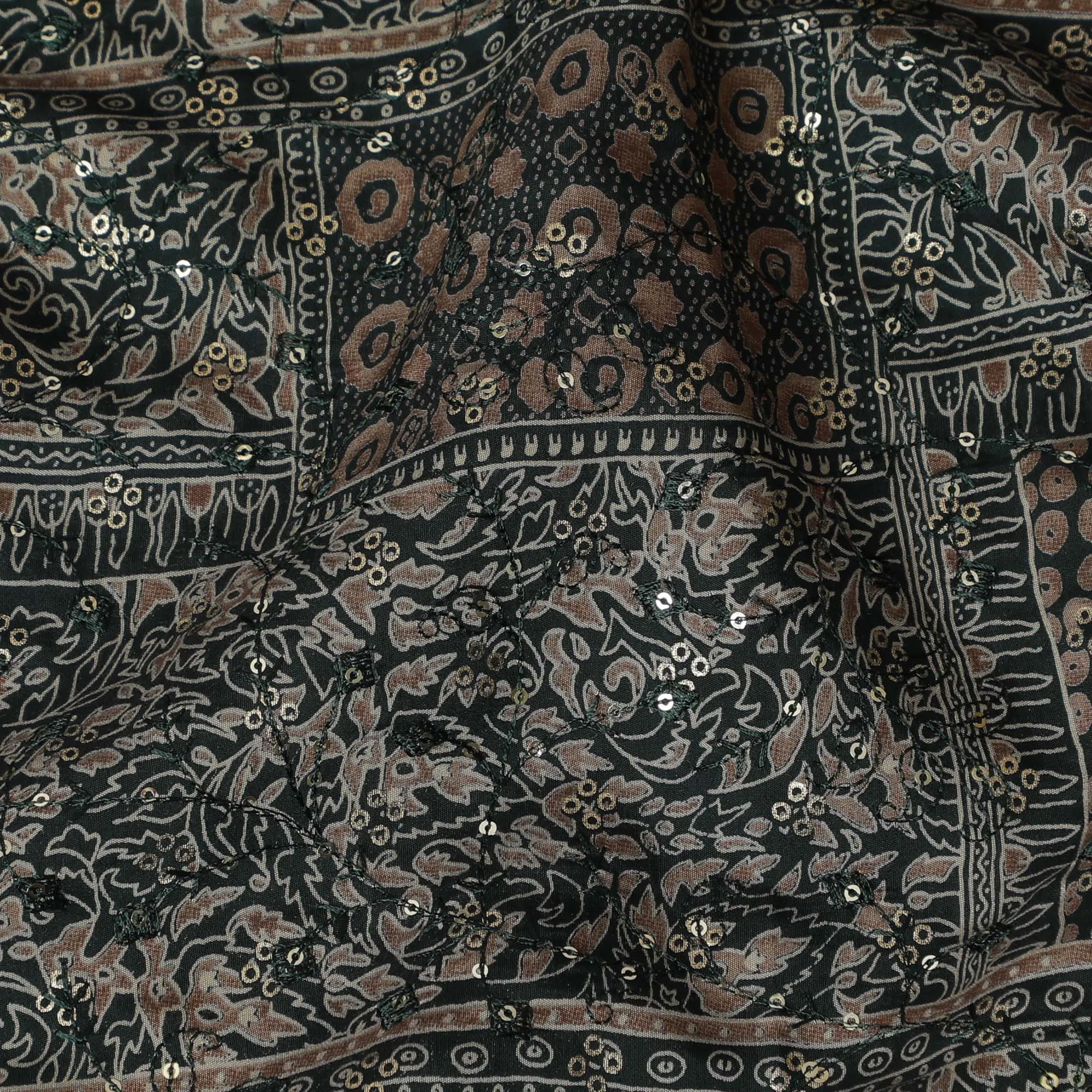 Espresso Arabesque Embroidered Cotton Blend Fabric - Ornate Tapestry, 110cm Width-D18963