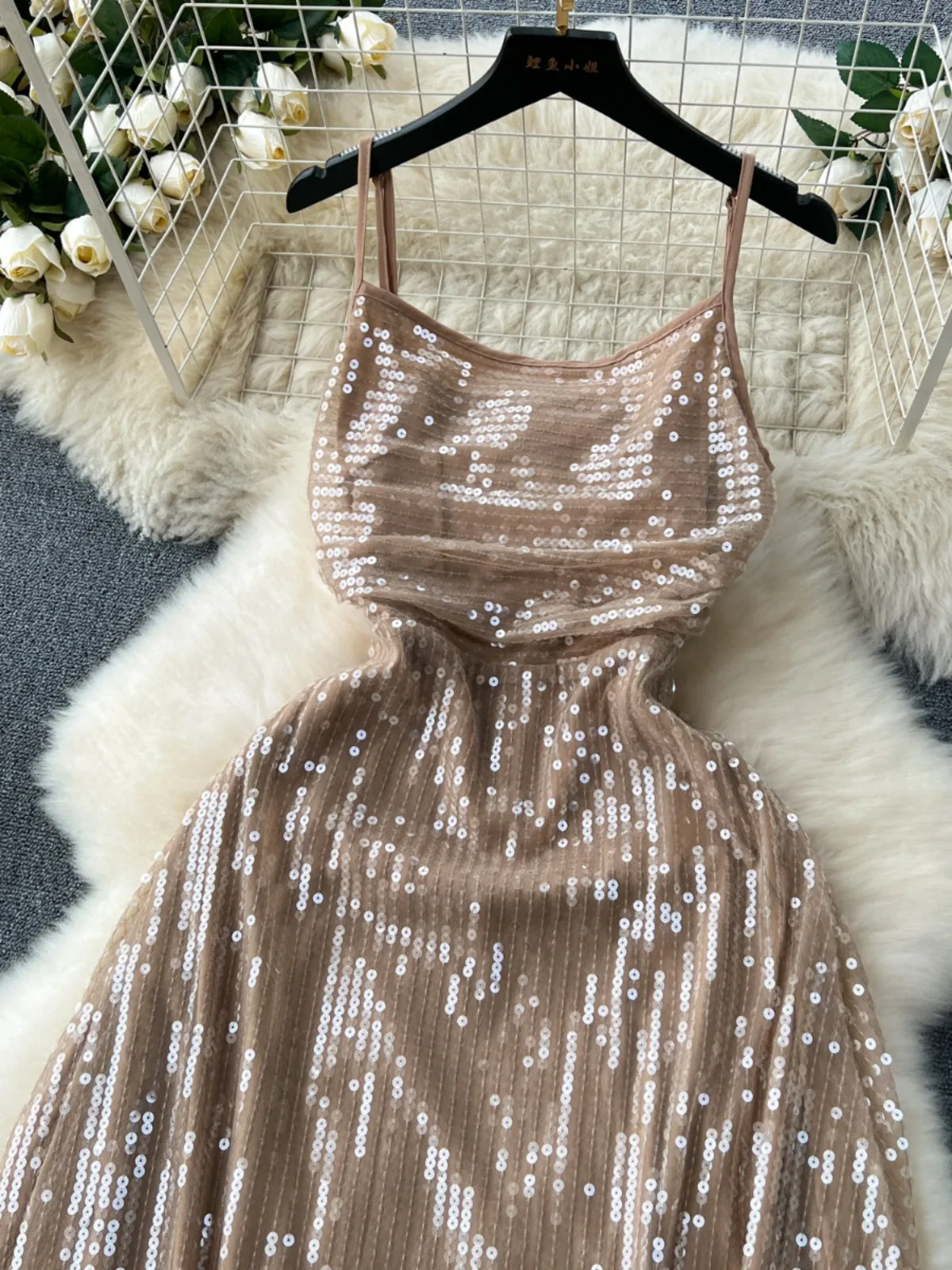 Fairy-Tale Sequined Taupe Tulle Midi Dress