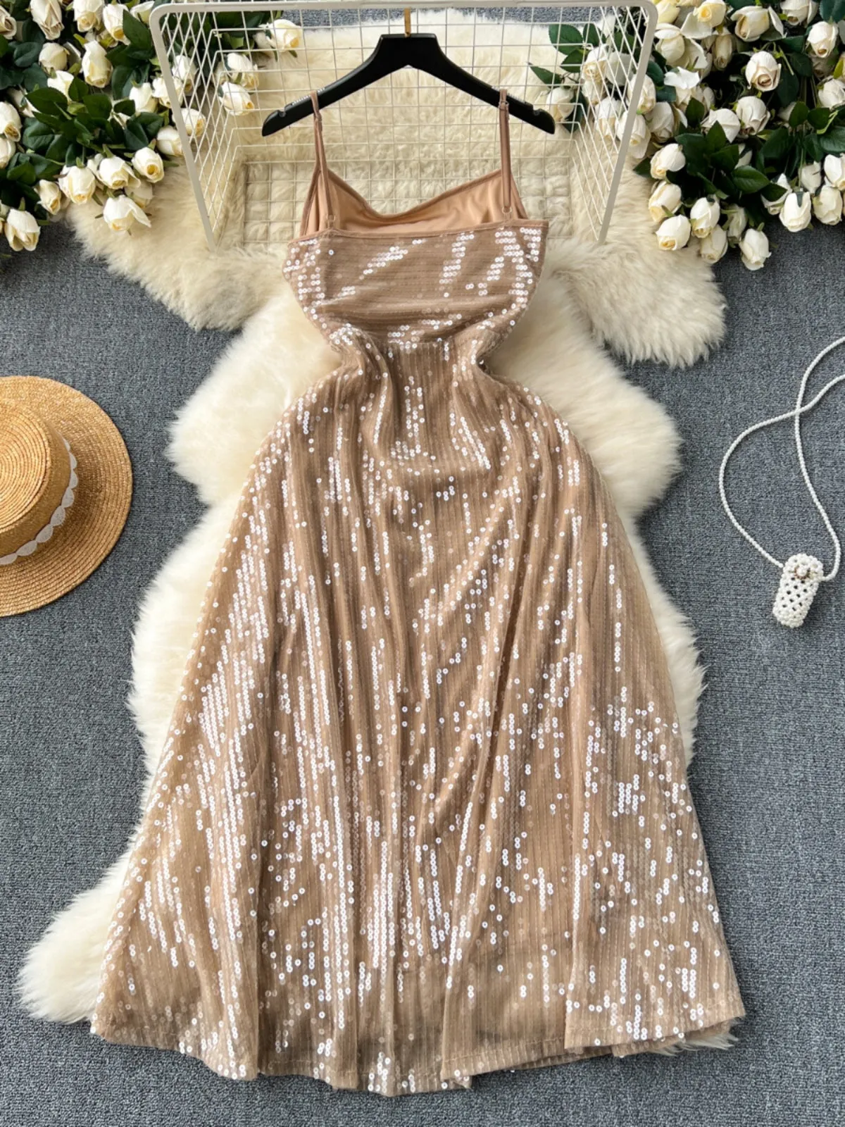 Fairy-Tale Sequined Taupe Tulle Midi Dress