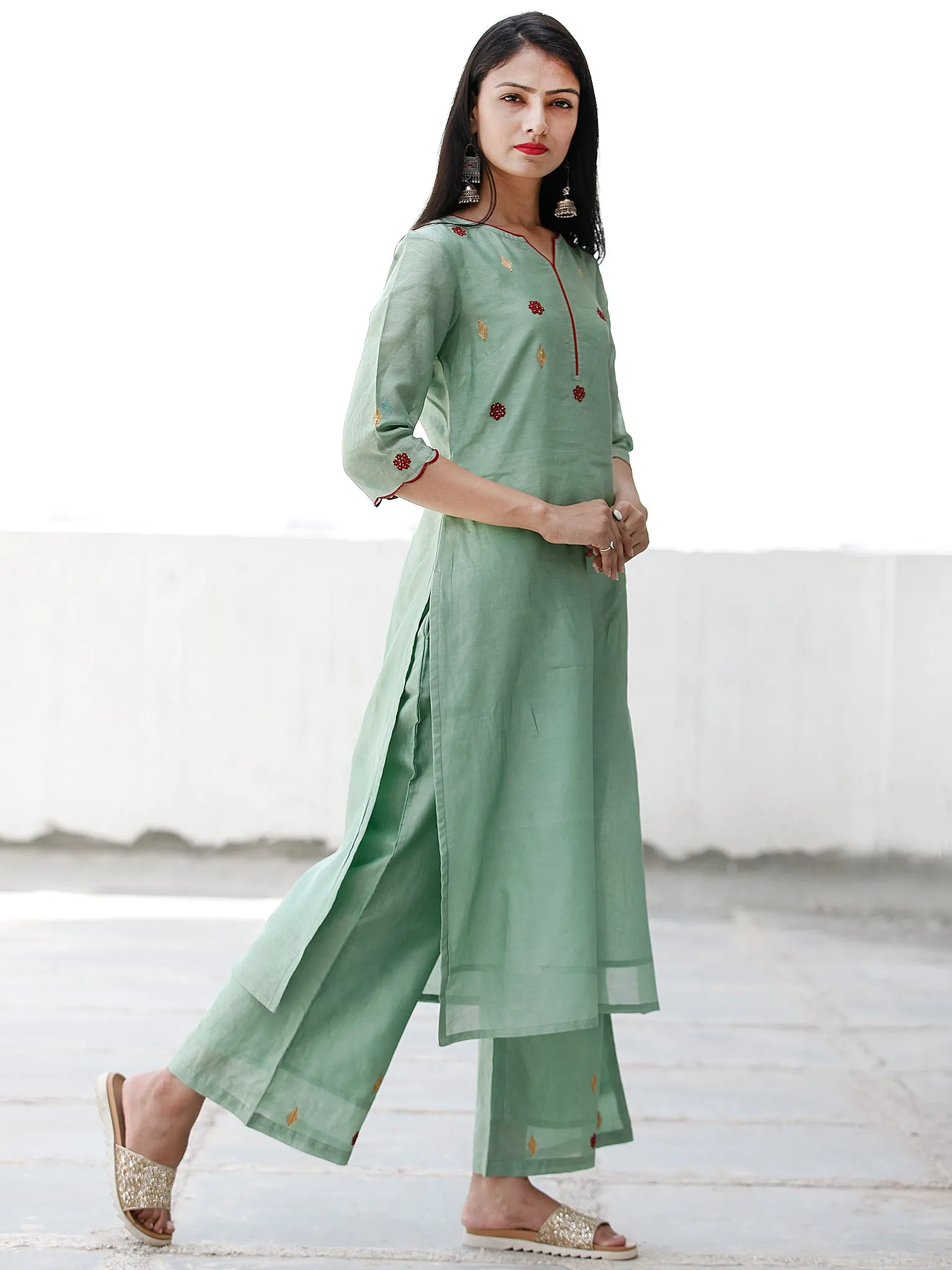 Festive Dressup - Sage Green Maroon Chanderi  Kurta & Pants Sets  - Set of 2  - SS01F055