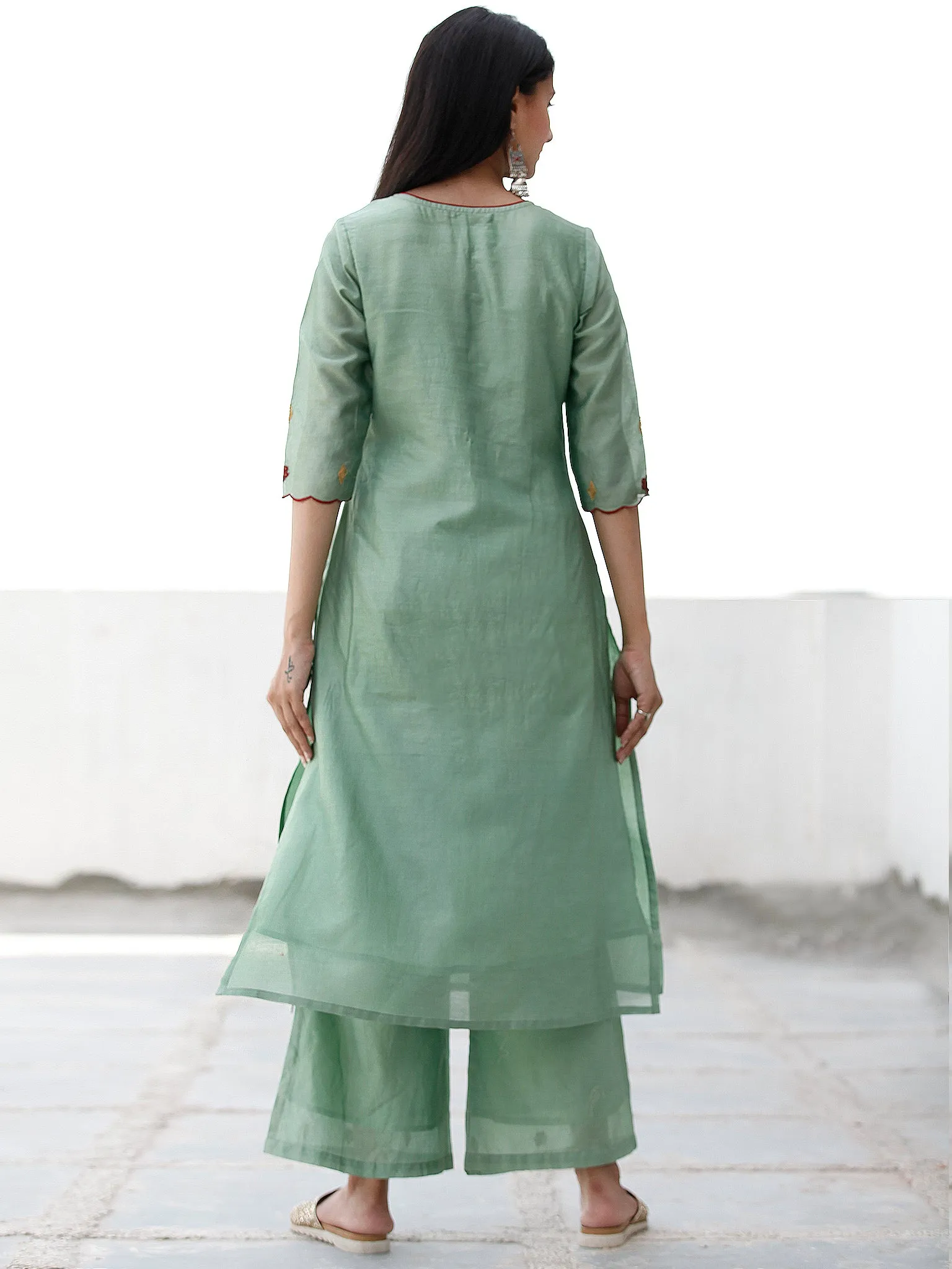 Festive Dressup - Sage Green Maroon Chanderi  Kurta & Pants Sets  - Set of 2  - SS01F055