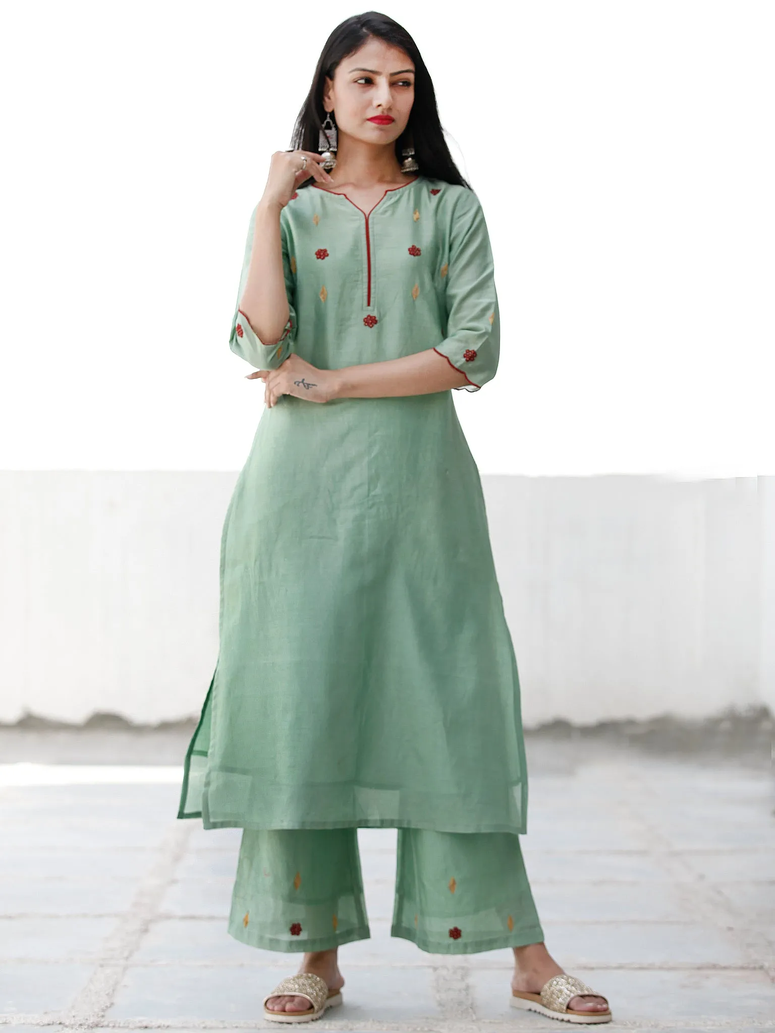 Festive Dressup - Sage Green Maroon Chanderi  Kurta & Pants Sets  - Set of 2  - SS01F055