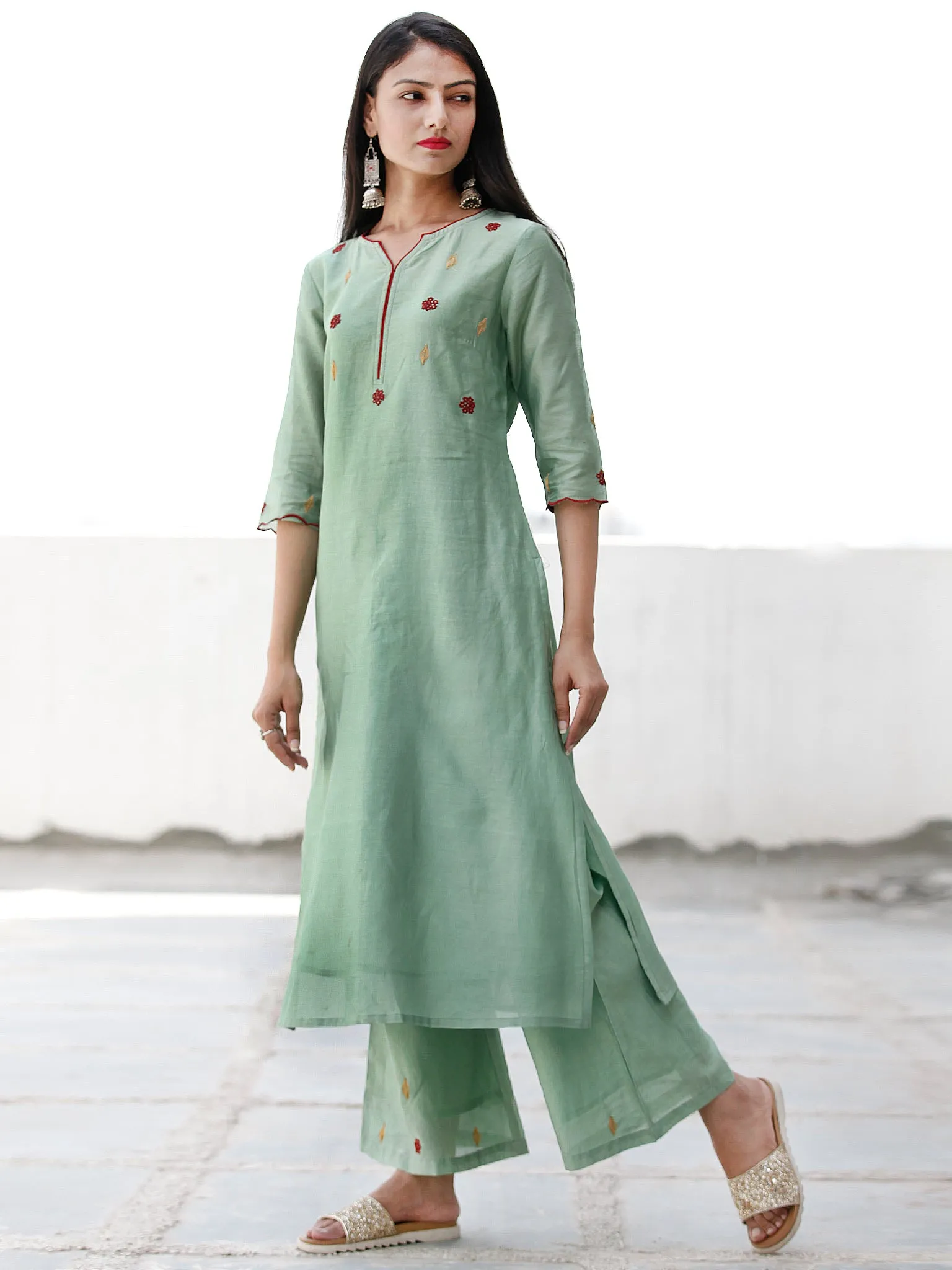 Festive Dressup - Sage Green Maroon Chanderi  Kurta & Pants Sets  - Set of 2  - SS01F055