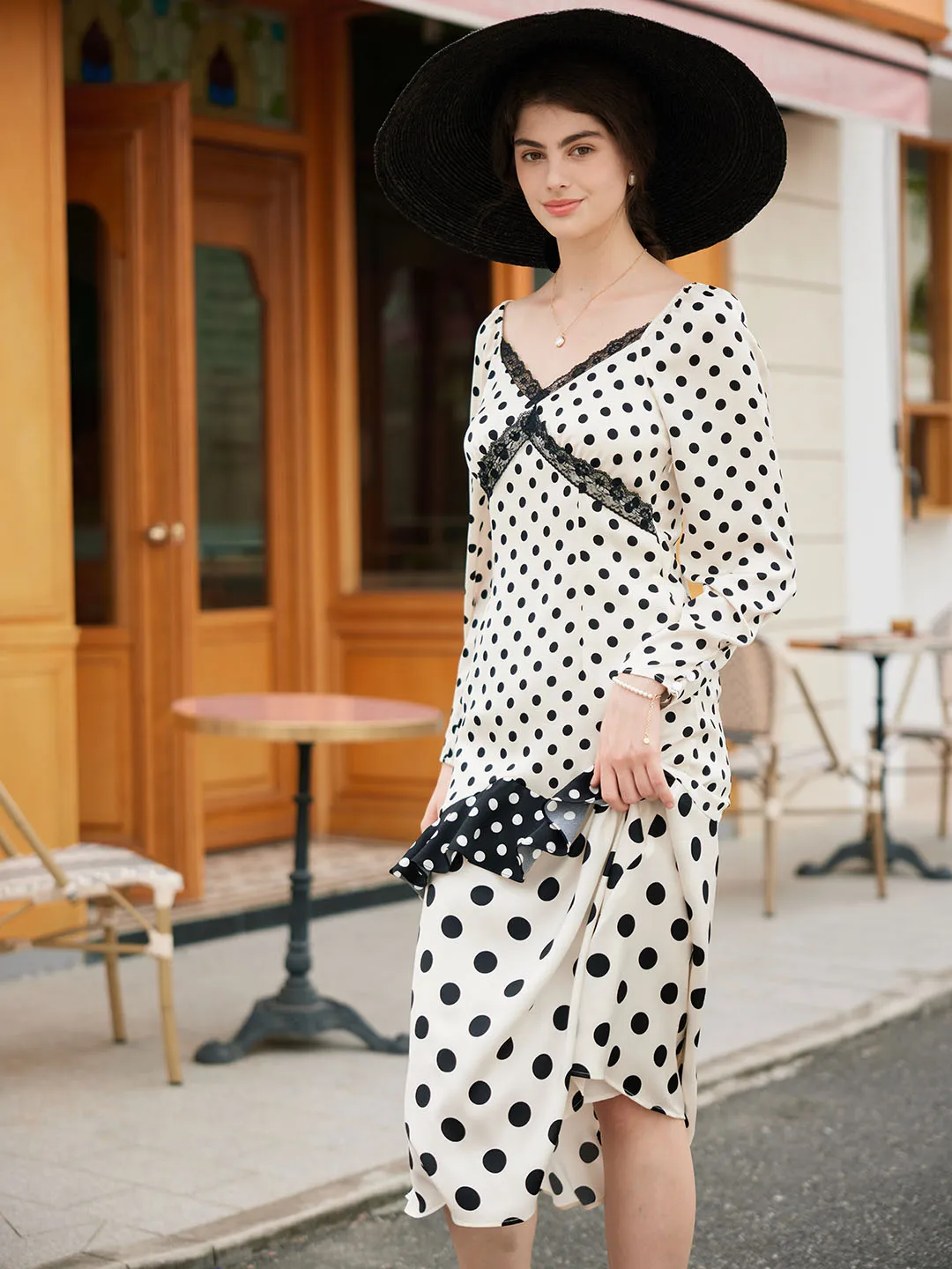 【Final Sale】Ainhoa Elegant V Neck Lace Stitching Polka Dot Color Contrast Dress