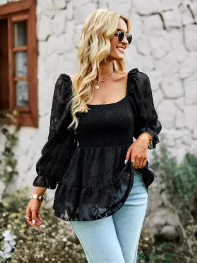 Flounce Sleeve Applique Smocked Peplum Top