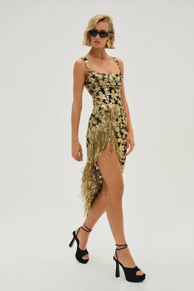 For Love & Lemons Anisa Fringe Midi Dress - Gold