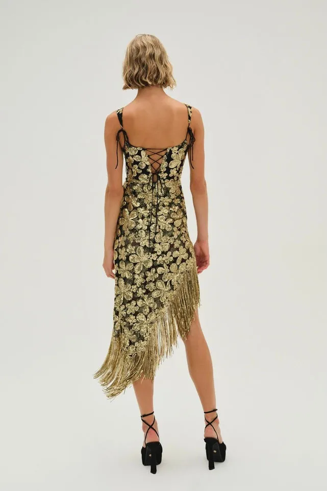 For Love & Lemons Anisa Fringe Midi Dress - Gold