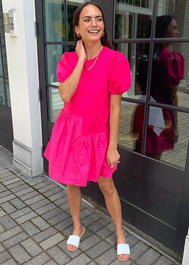 Frances Puff Sleeve Poplin Dress-Fuschia