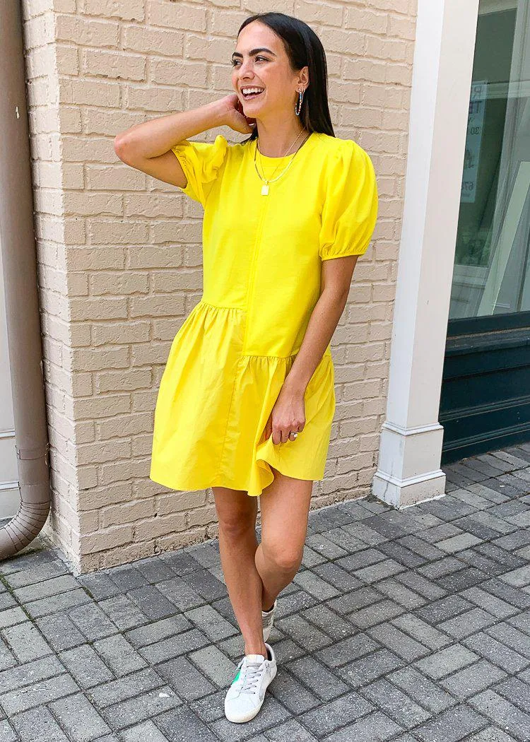 Frances Puff Sleeve Poplin Dress-Lime