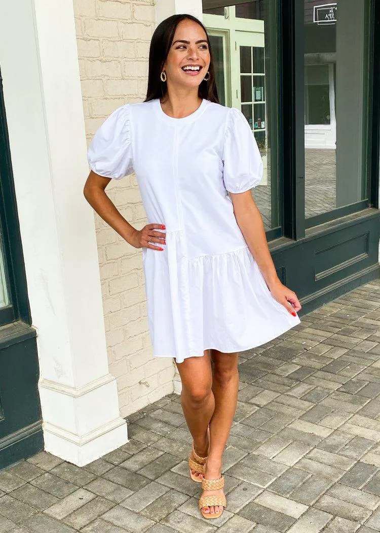 Frances Puff Sleeve Poplin Dress - White ***FINAL SALE***