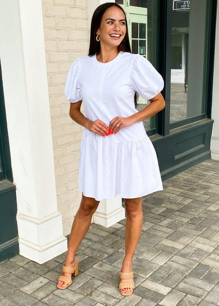 Frances Puff Sleeve Poplin Dress - White ***FINAL SALE***