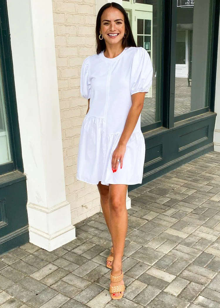 Frances Puff Sleeve Poplin Dress - White ***FINAL SALE***