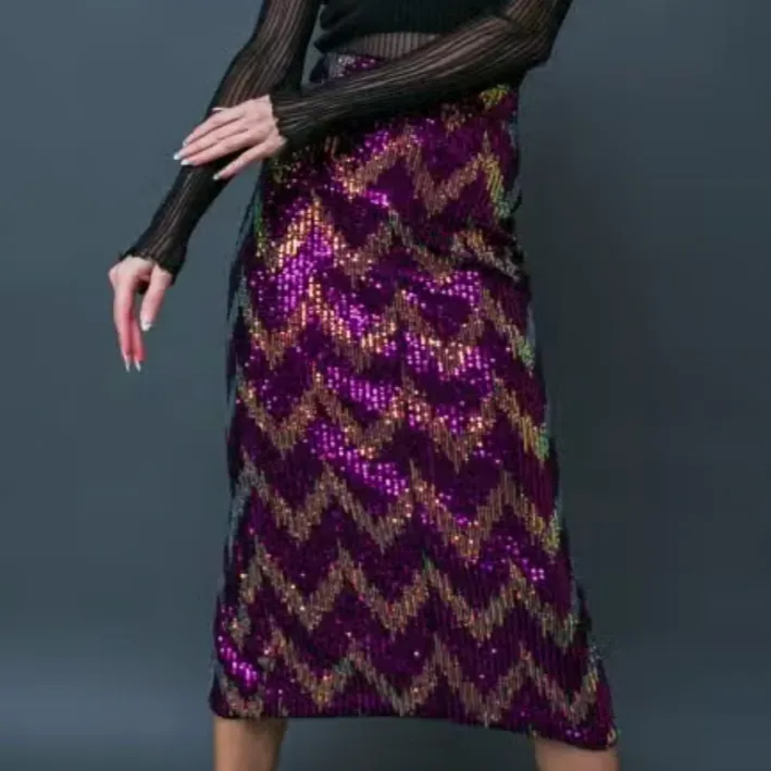 Fuchsia Festivities Chevron Sequined Midi Skirt