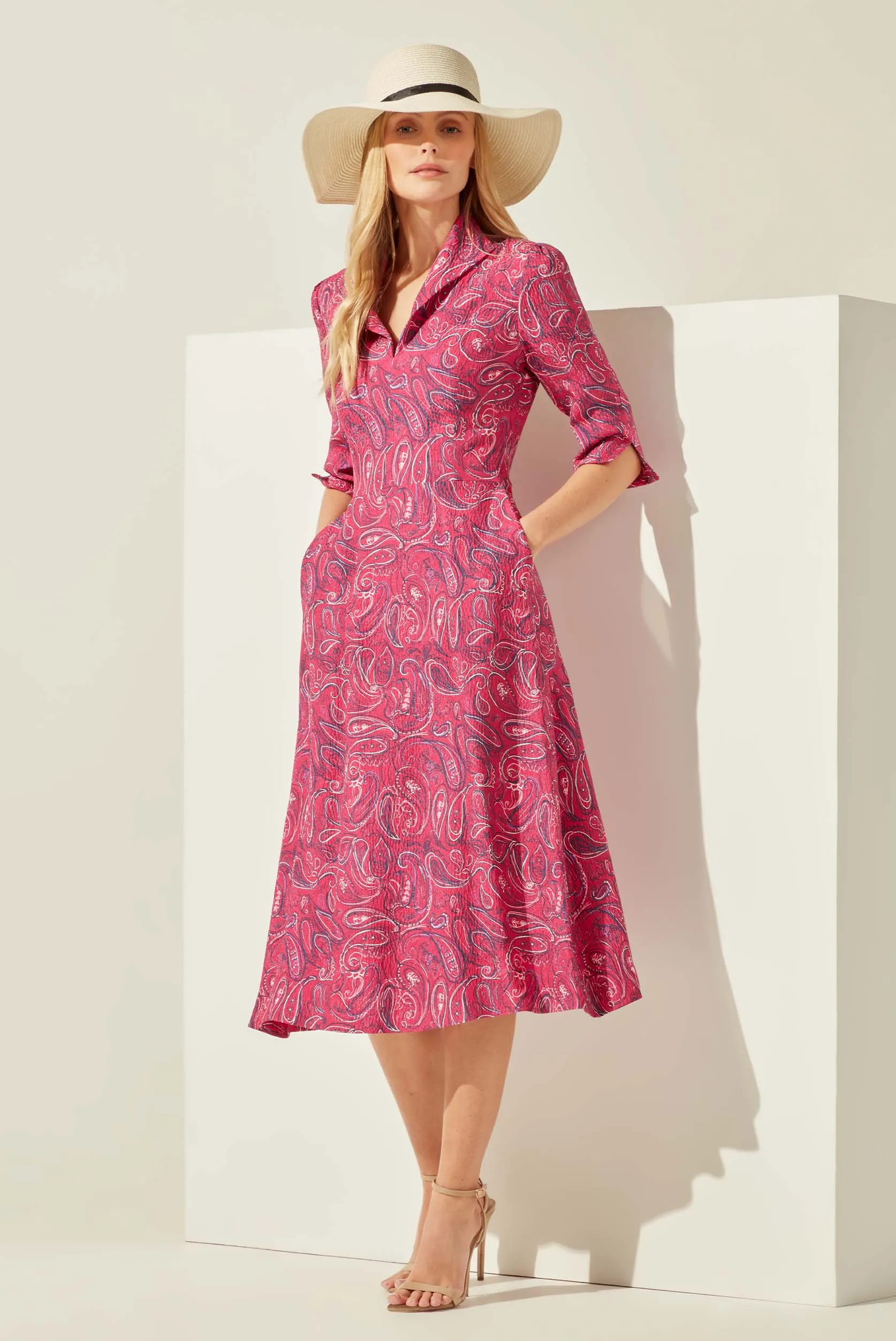 Fuchsia/Navy Paisley Printed Silk Cloqué Dress - Naomi