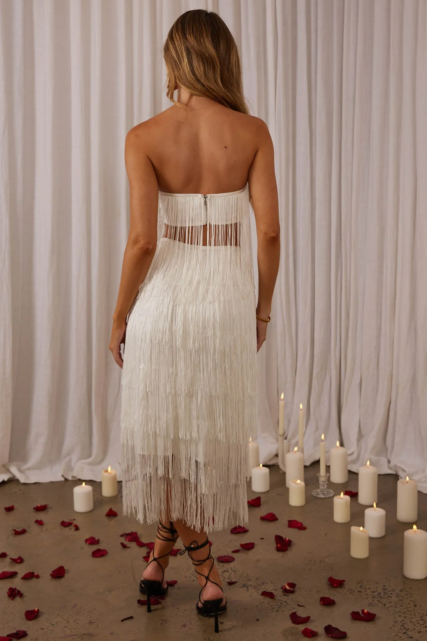 Golden Nights Tiered Fringe Midi Skirt White