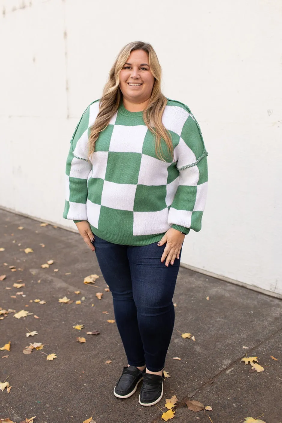 Green Checkered Oversized Pullover Sweater (SM-2X)