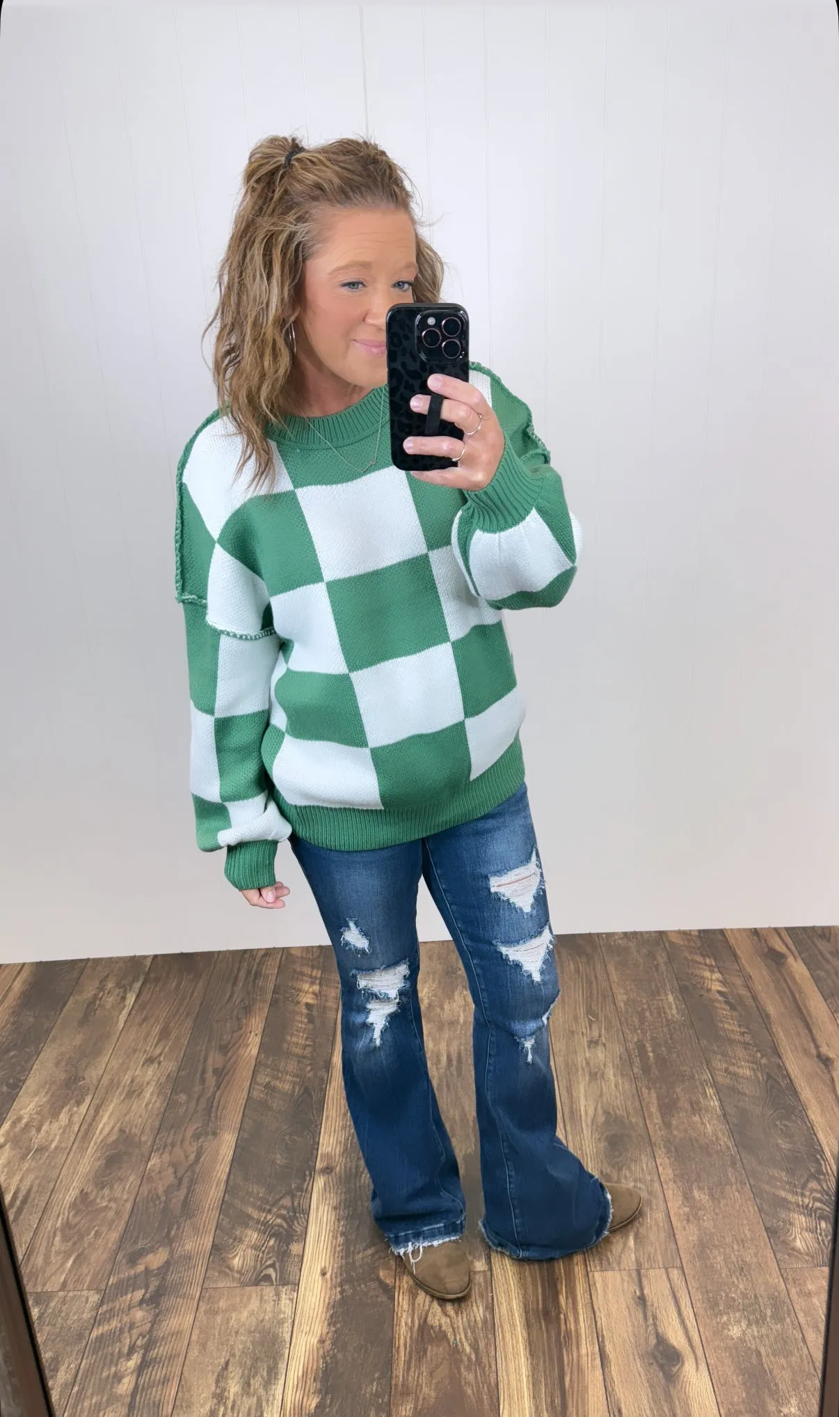 Green Checkered Oversized Pullover Sweater (SM-2X)