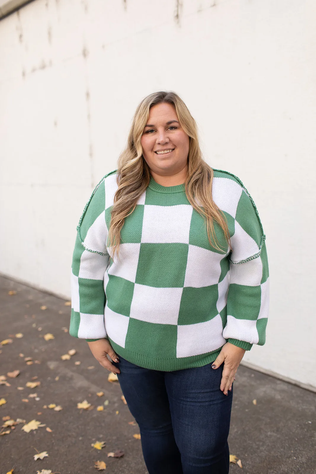 Green Checkered Oversized Pullover Sweater (SM-2X)