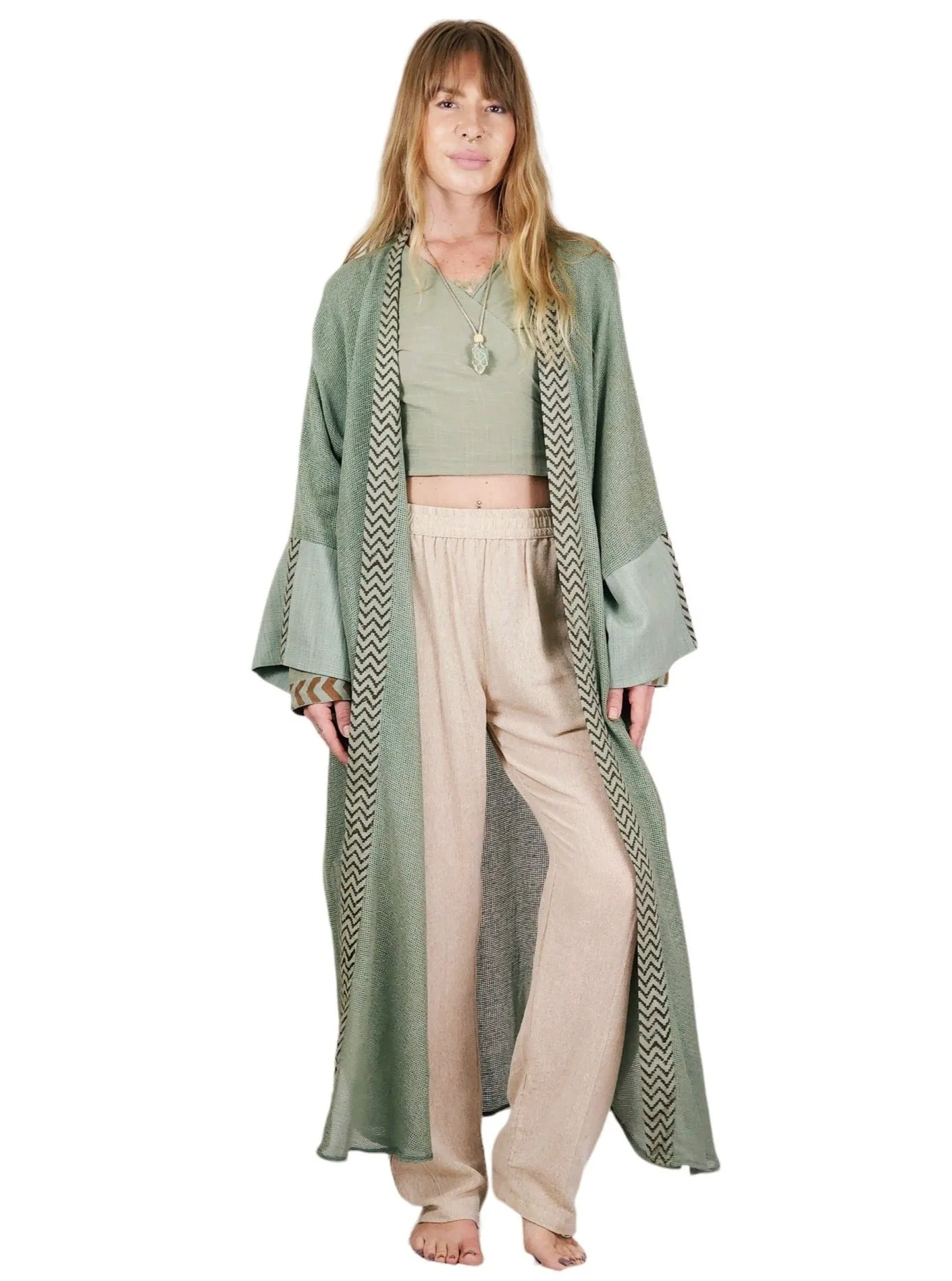 Green Sage Organic Cotton Mesh Long Kimono