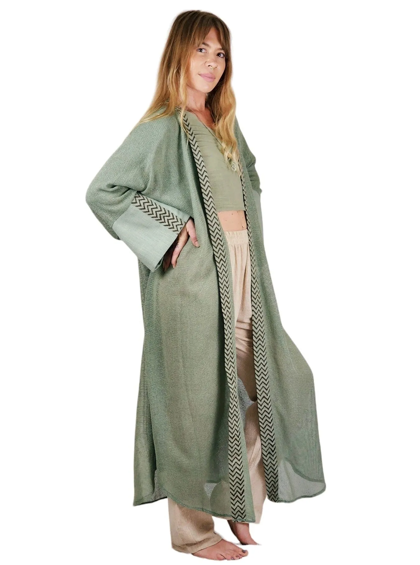 Green Sage Organic Cotton Mesh Long Kimono