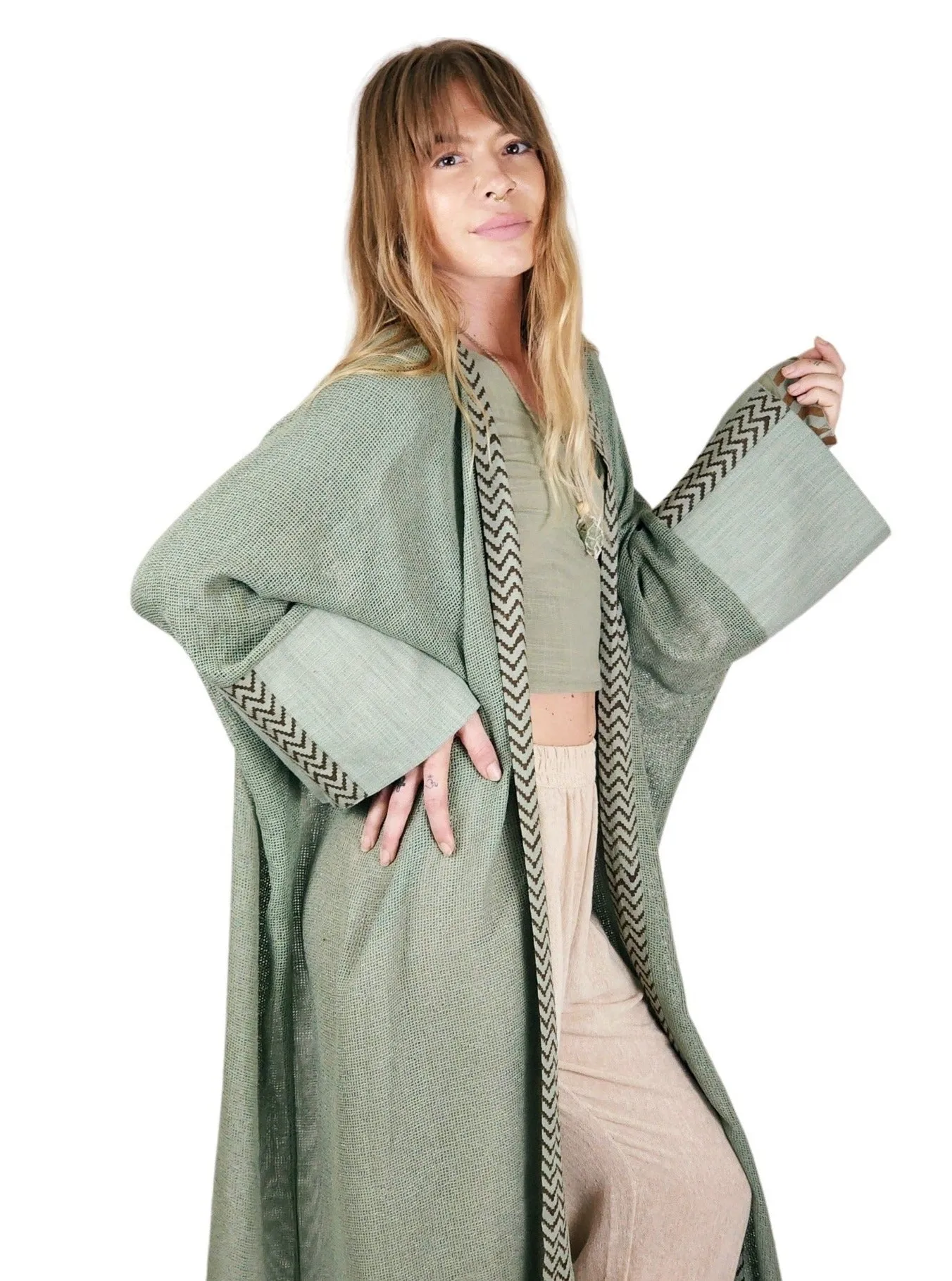 Green Sage Organic Cotton Mesh Long Kimono