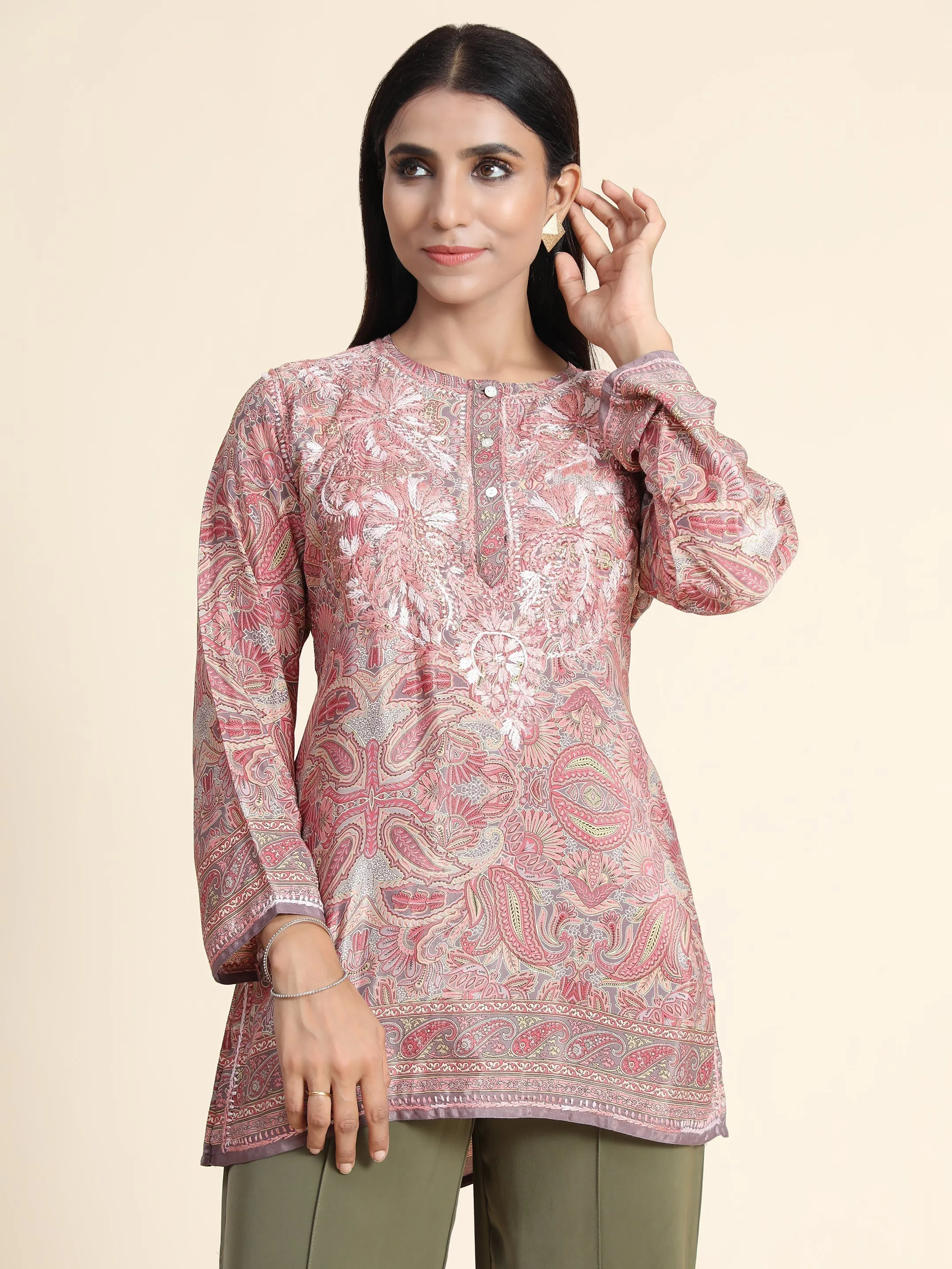 Hand embroidery Chikankari Tunic-Light Pink