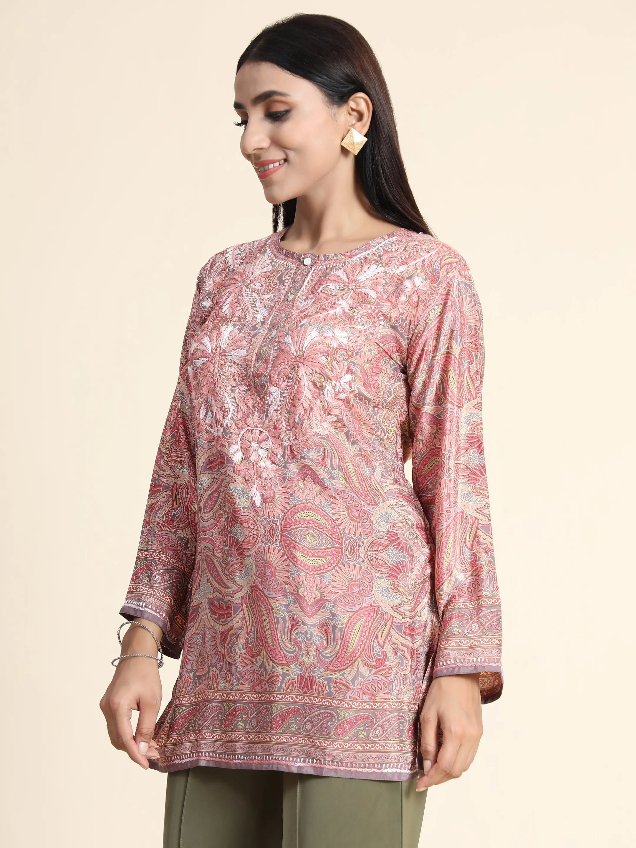 Hand embroidery Chikankari Tunic-Light Pink