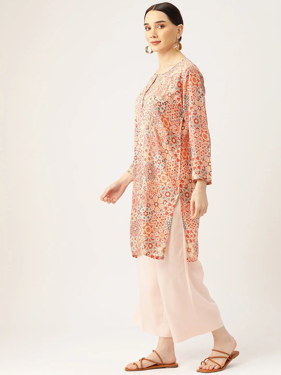 Hand embroidery Chikankari Tunic-Multicolor Orange