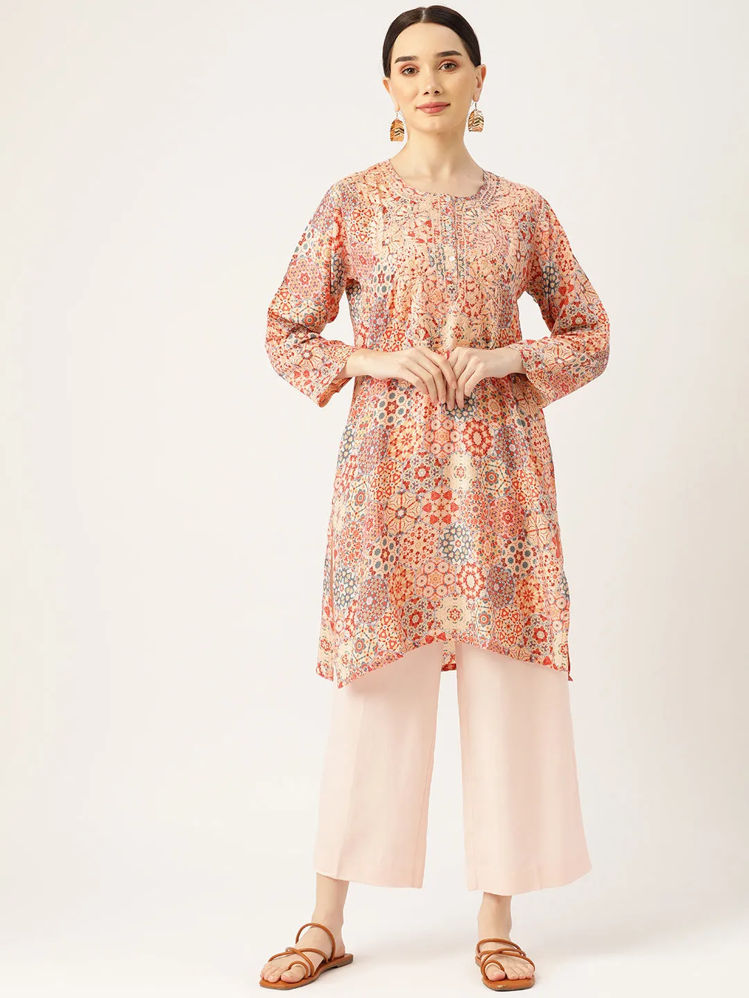 Hand embroidery Chikankari Tunic-Multicolor Orange