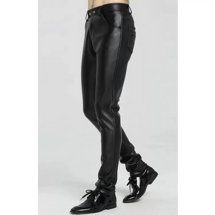 High Waist Slim Fit Black Leather Motorcycle Pants for Men