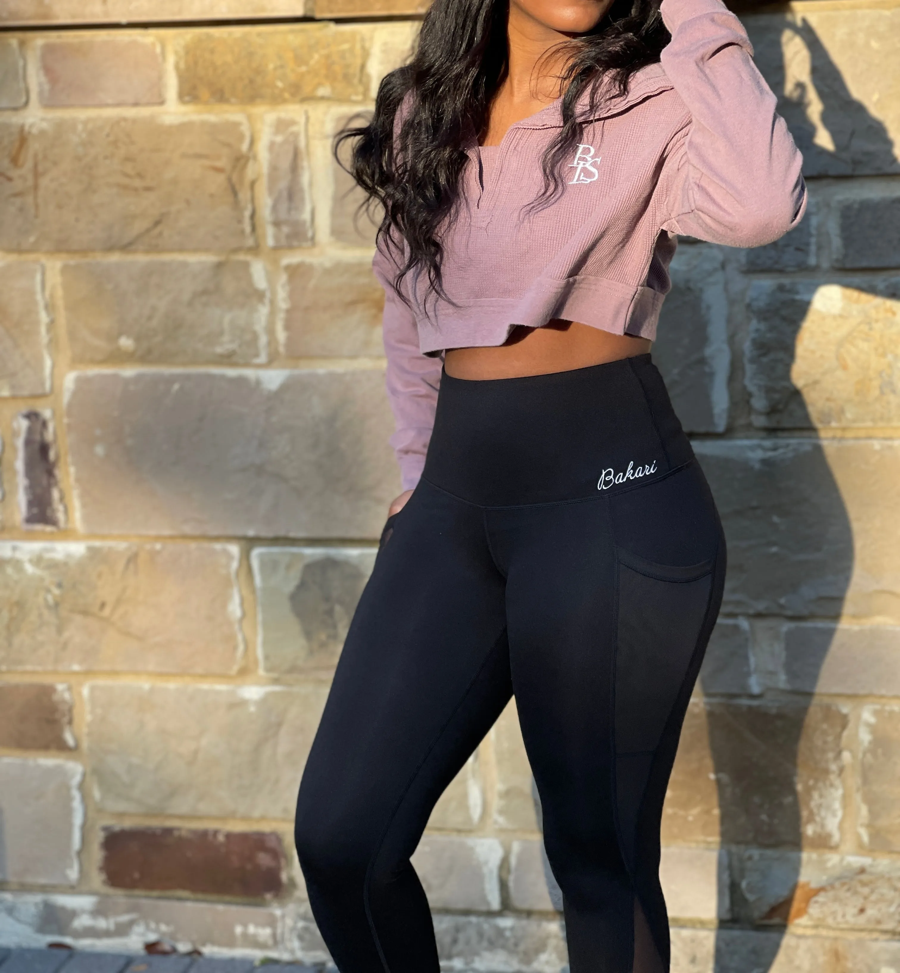 High-waist Splice Mesh Pocket Full Leggings - Black / 2Tone Grey Melange / Coffee