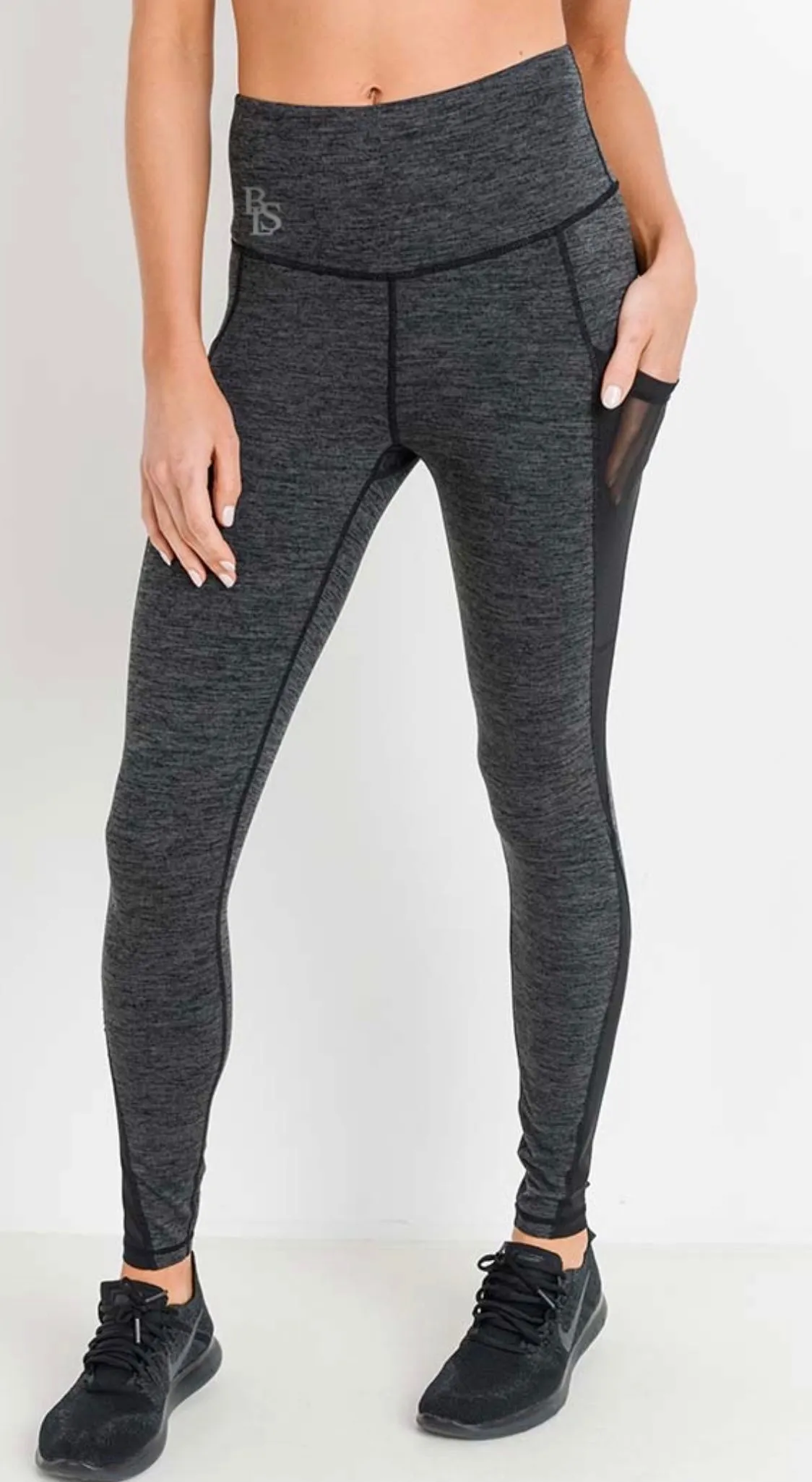 High-waist Splice Mesh Pocket Full Leggings - Black / 2Tone Grey Melange / Coffee