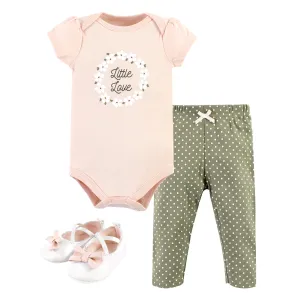 Hudson Baby Cotton Bodysuit, Pant and Shoe Set, Sage Floral Wreath Short Sleeve